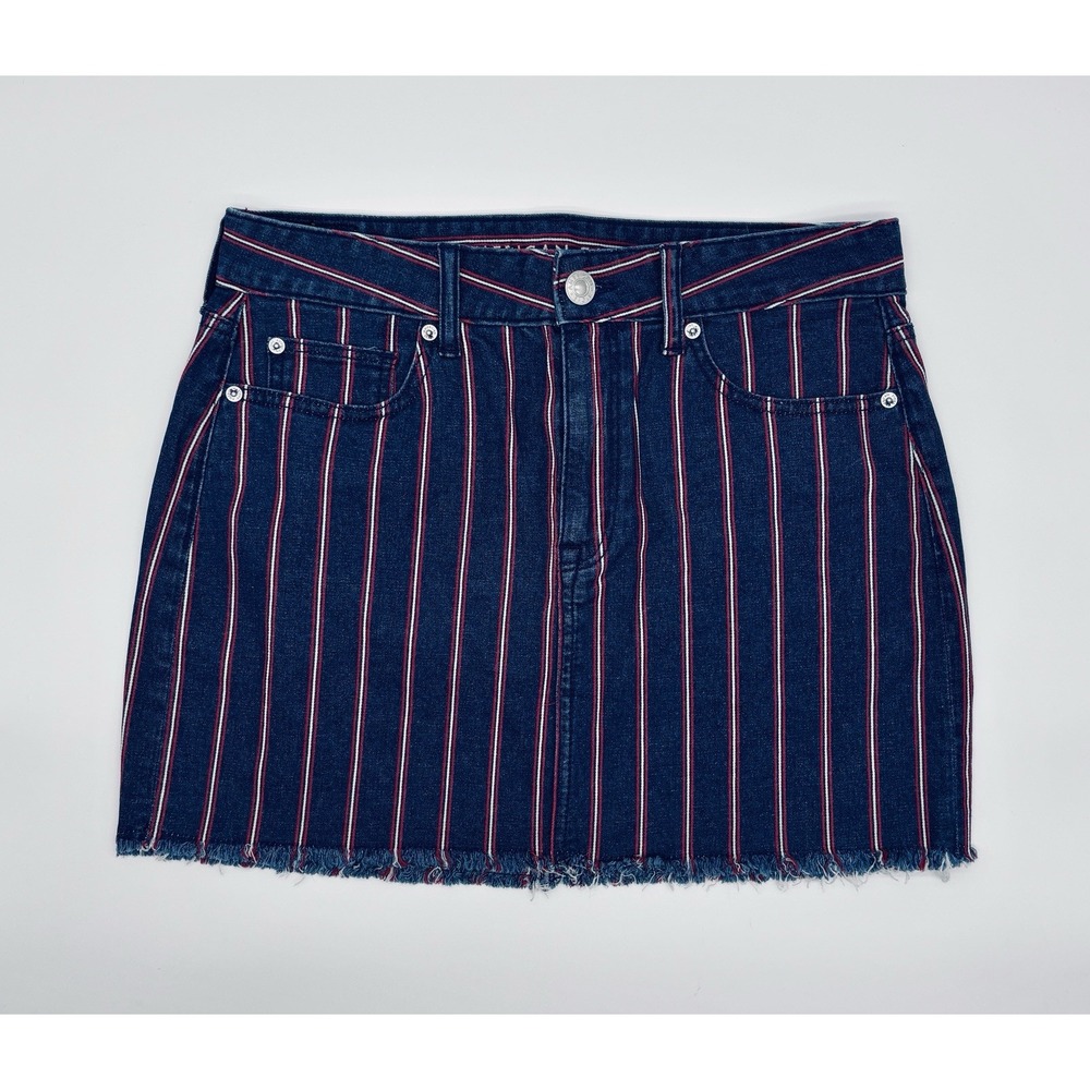 American Eagle Skirt Womens 10 Blue Red Striped Denim Jean Mini Stretch Raw Edge - Picture 2 of 10